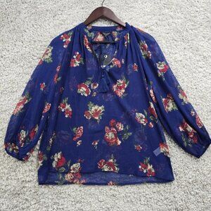 Lucky Brand Shirt Womens Small Blue Floral Sheer Long Sleeve